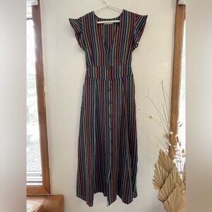 Marine Layer // Camila Midi Dress in Navy Blue Rainbow Pinstripe (NWOT)